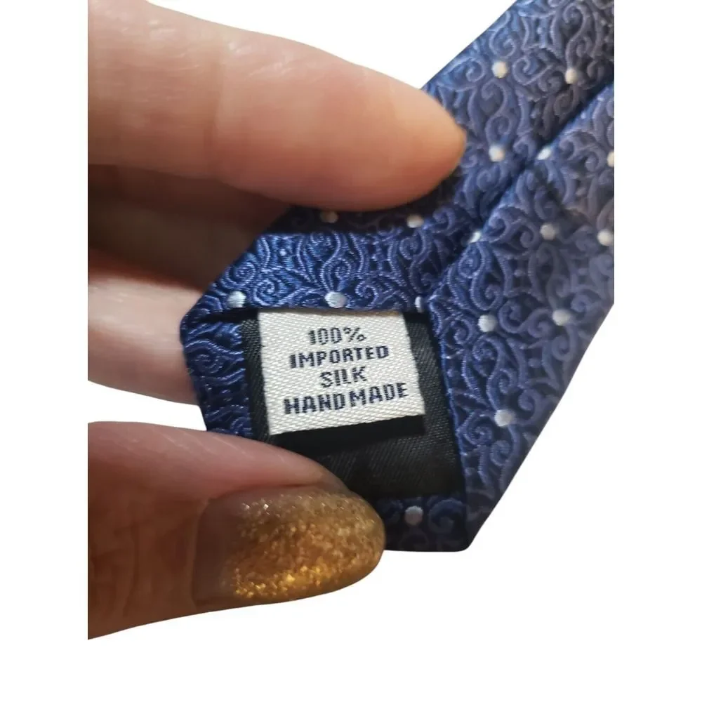 Sean John Mens‎ Tie Necktie Fine Tailoring Blue White Scroll Print Polka Dot